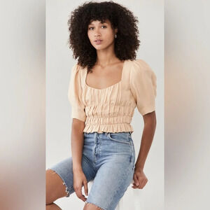 Jonathan Simkhai Milkmaid Smocked Linen Crop Top Womens Small Cream Tan Bohemian